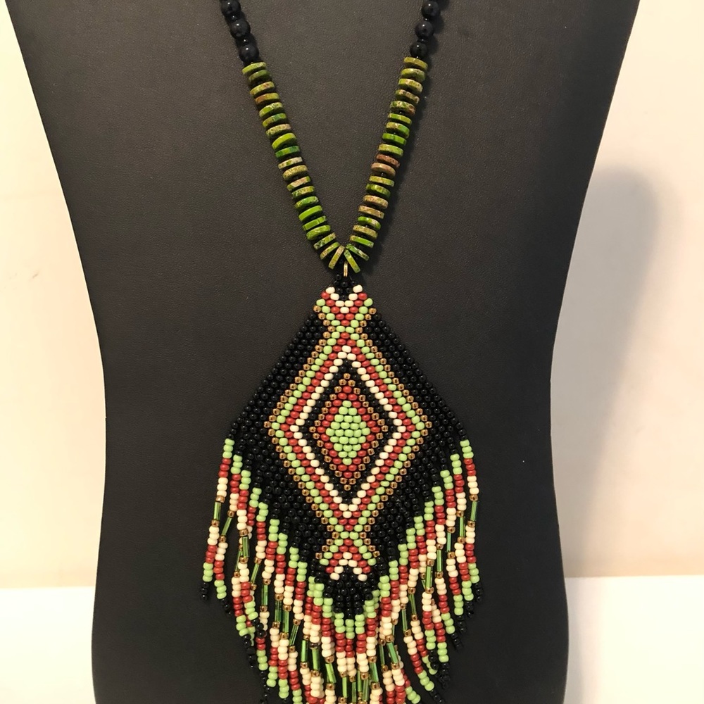 Handmade beadweaving pendant with turquoise stones boho necklace
